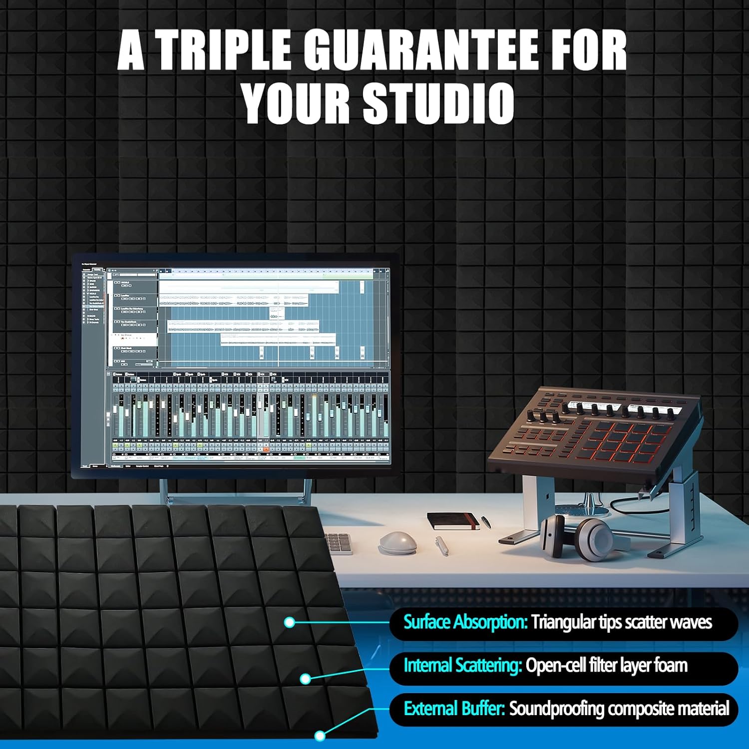 2 Pack Acoustic Panels, 48 x 24 x 2" Sound Proof Foam High Density Studio Wedge Tiles Fire Resistant Acoustic Panels for Home,Office, Recording Room, Studio (Black-2 Pack) - Image 2