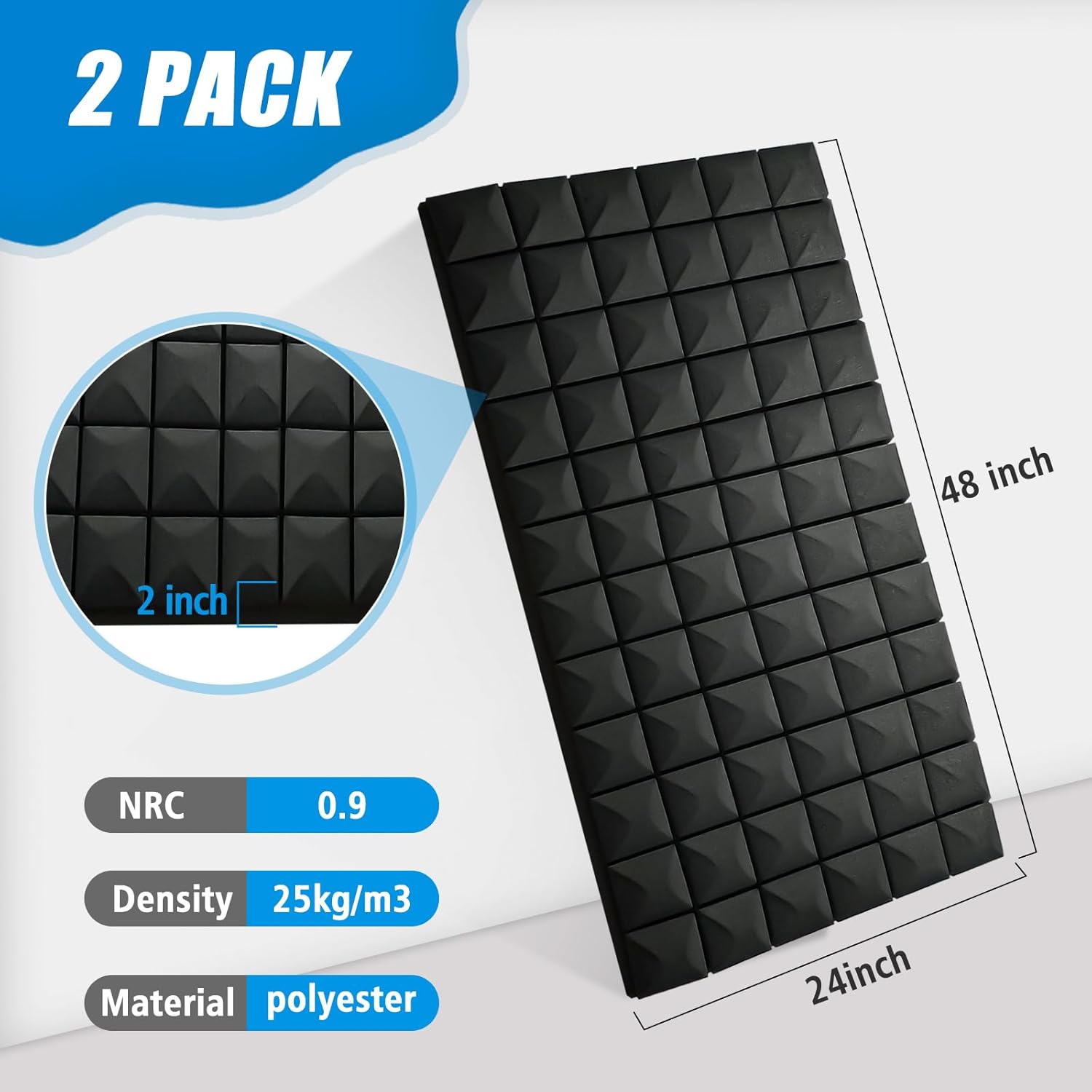 2 Pack Acoustic Panels, 48 x 24 x 2" Sound Proof Foam High Density Studio Wedge Tiles Fire Resistant Acoustic Panels for Home,Office, Recording Room, Studio (Black-2 Pack) - Image 6